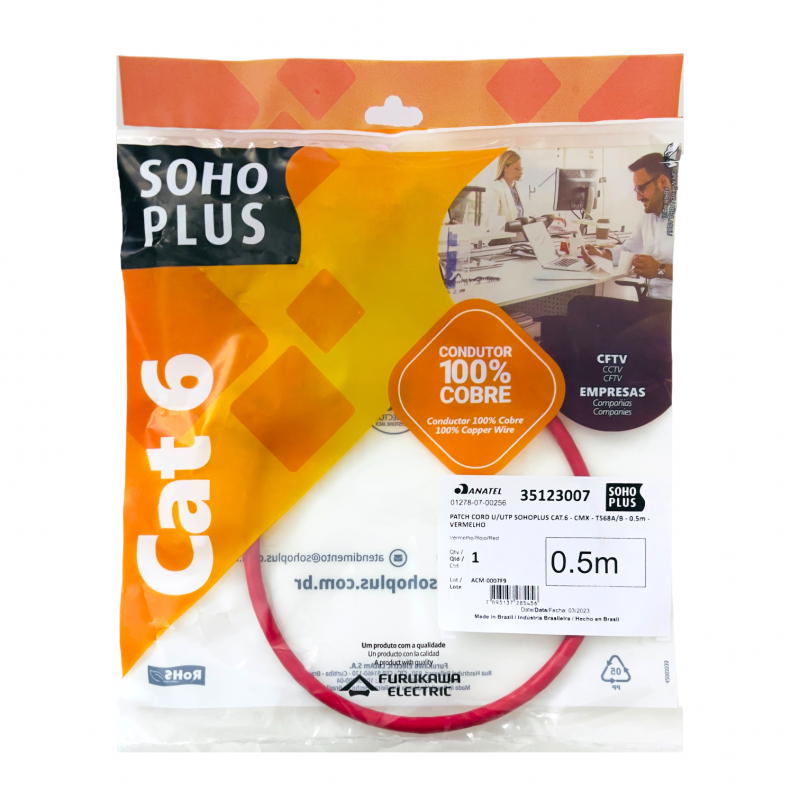 Patch Cord Cat6 0,50cm Furukawa Sohoplus Vermelho